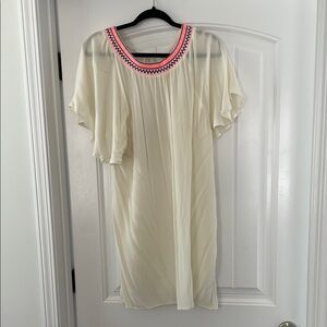 Umgee Cream Dress with Pink and Blue Collar Embroidery, L